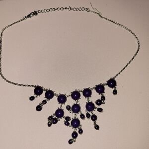 Purple Beaded Dangle Statement Necklace with Silver Tone Chain